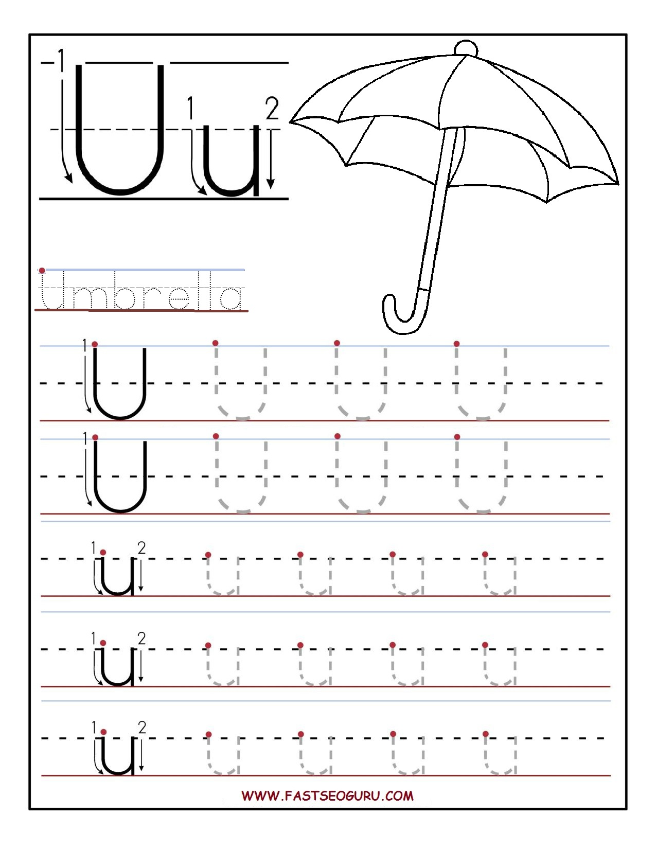 Printable letter U tracing worksheets for preschool
